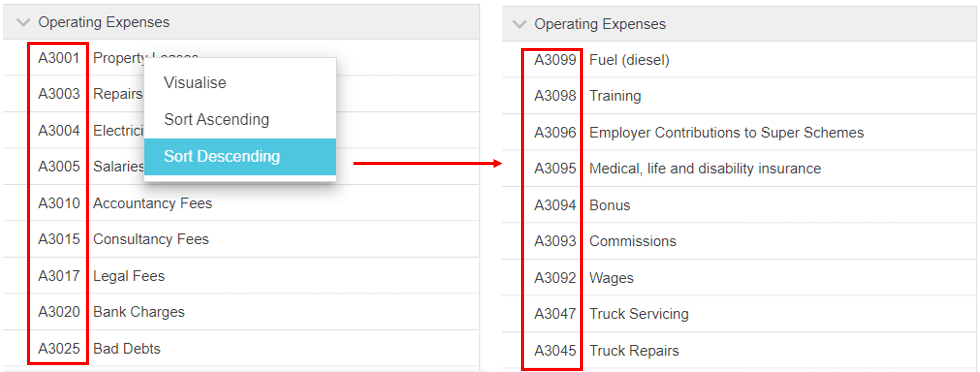 Right-click menu in the Financial Statements grid showing Sort Ascending and Sort Descending options