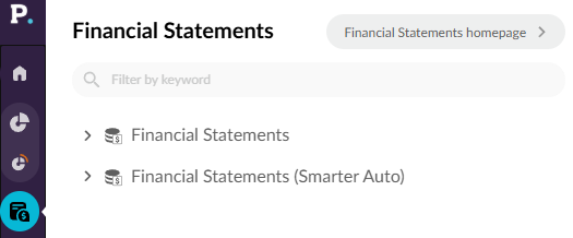 Financial Statements homepage showing Home and Data Entry tabs and the Financial Statements homepage button