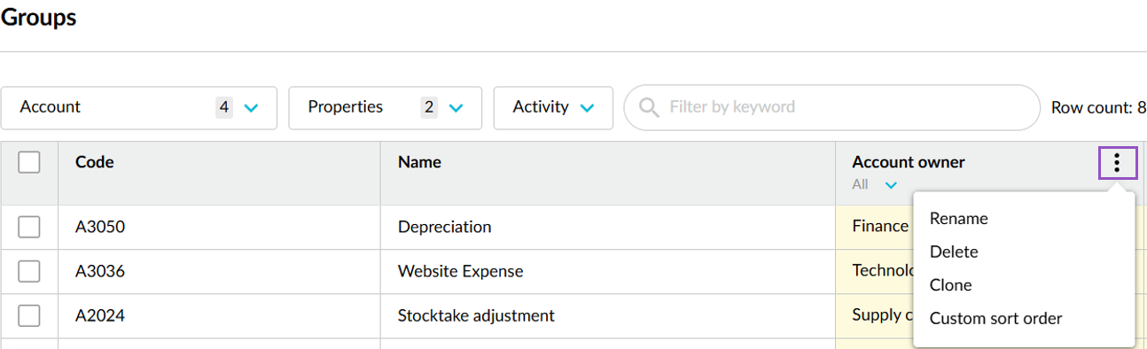 Group column header menu options